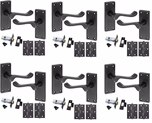 Golden Grace Victorian Scroll Door Handle Latch Set in Matt Black, 6 Sets