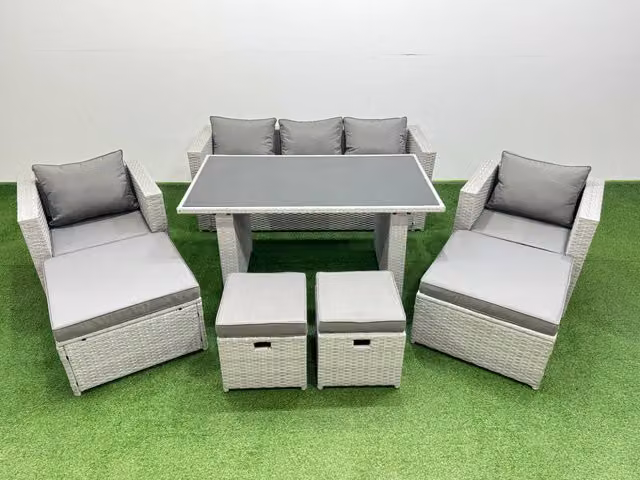 Fimous Modern Patio Garden Furniture Set with Black Glass Top Dining Table and Light Grey Armchairs