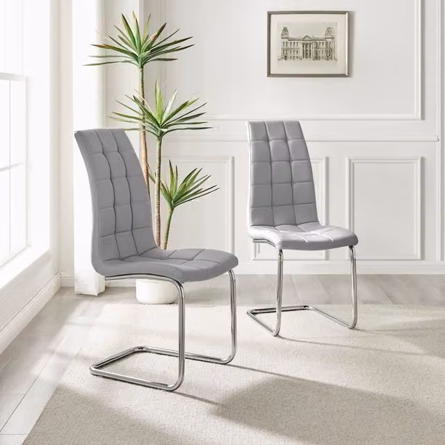 FurnitureboxUK Set of 2 Murano Modern Dining Chairs in Grey Faux Leather with Silver Chrome Metal Legs