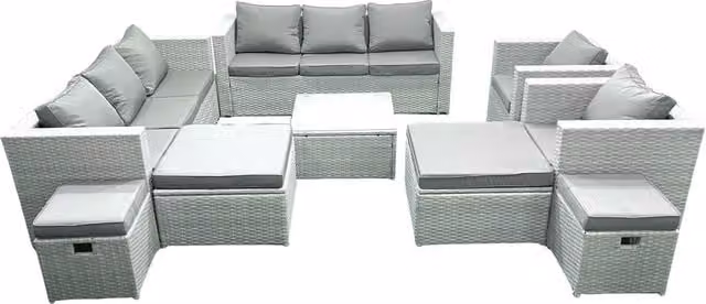 Fimous Garden 12 Seater Rattan Outdoor Furniture Set in Grey with Upholstered Cushions, Coffee Table and Ottomans – 1