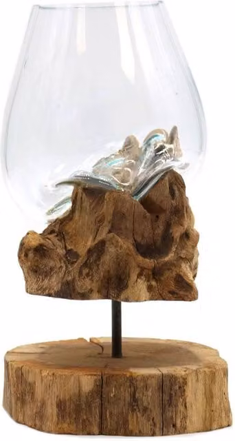 KDMD Large Hand Blown Molten Glass Decorative Bowl with Wooden Stand in Turquoise – 1