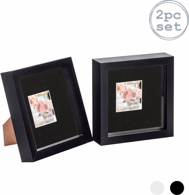 Nicola Spring Pack of 2 Black 3D Box Photo Frames with 2x2 inch Mount, W/D/H: 15.24 x 15.24 x 15.24 cm
