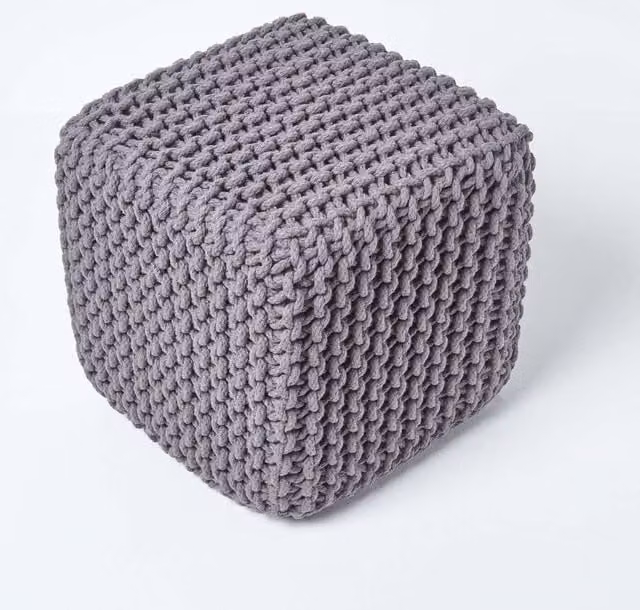 Homescape Cotton Knitted Pouffe Cube in Grey