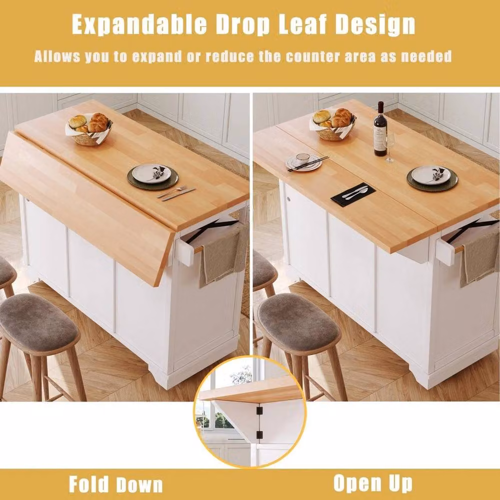 FORGEVIO Modern White Kitchen Island Trolley with Drop Leaf and Castors – 3