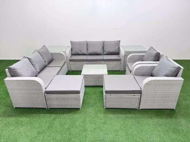 Fimous Grey PE Rattan Lounge Sofa Set with 3 Seater Sofa, 2 Reclining Chairs, 2 Ottomans, Square Coffee Table and 2 Side Tables