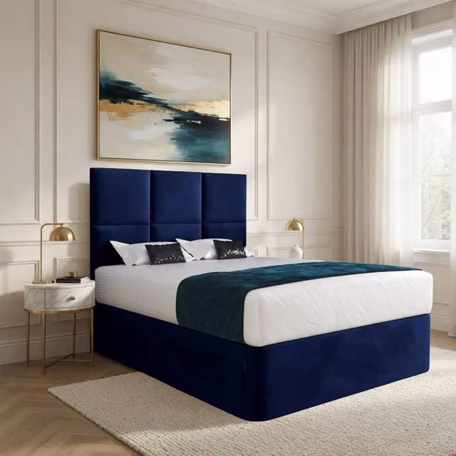 Casani Godalming Small Single Blue Velvet Upholstered Divan Bed Frame with Floorstanding Headboard and Drawers