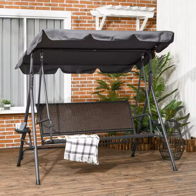 Outsunny 3 Seater Garden Swing with Adjustable Sun Canopy in Dark Grey and Brown