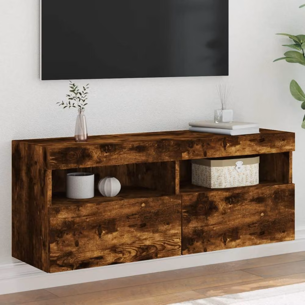 Berkfield Home Modern Wall Mounted TV Cabinet with Integrated LED Lights in Smoked Oak Brown, W/D/H: 100 x 40 x 30 cm – 2