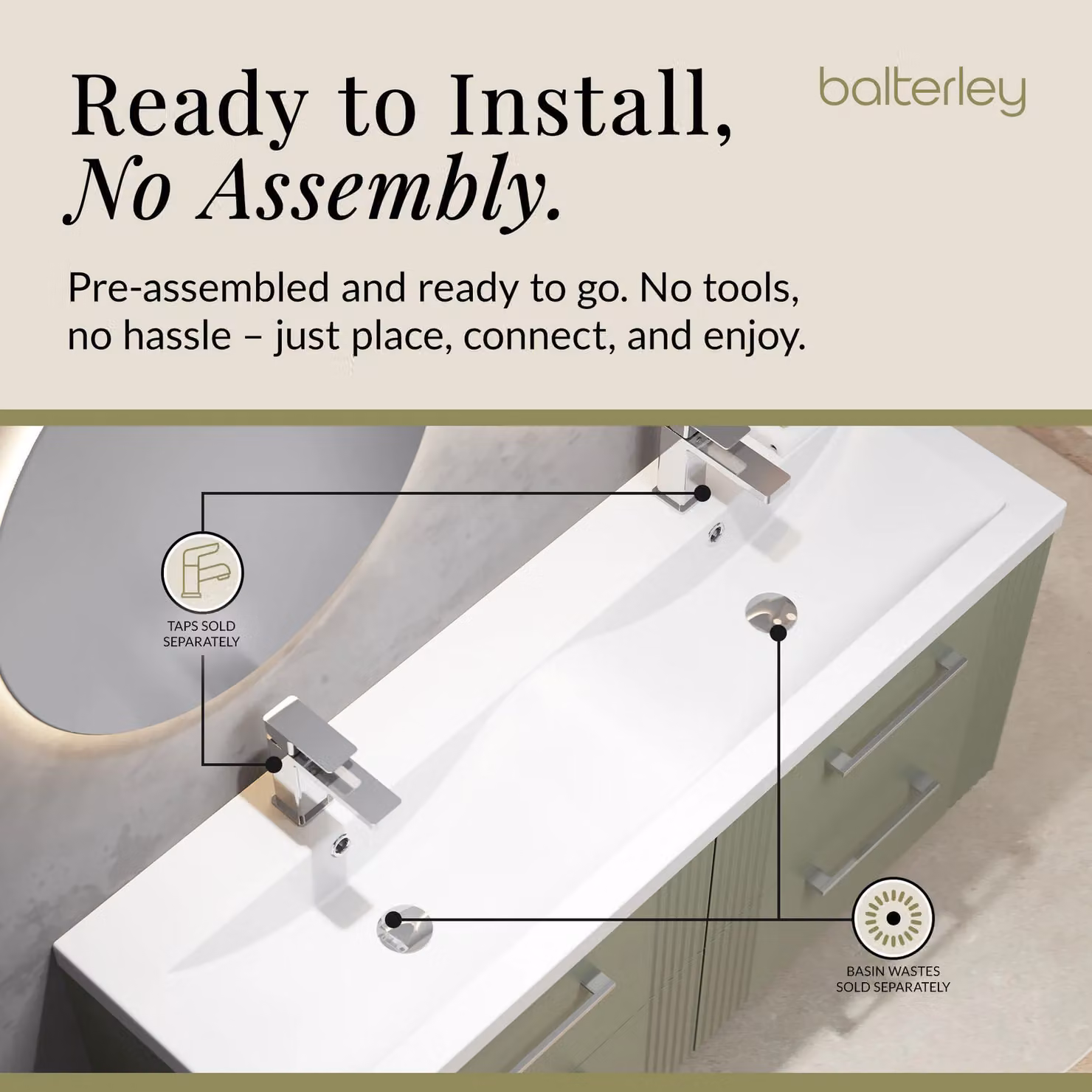 Balterley Wall Hung 4 Drawer Vanity Unit with 2 Ceramic Basins, Satin Green, W: 120 cm – 3