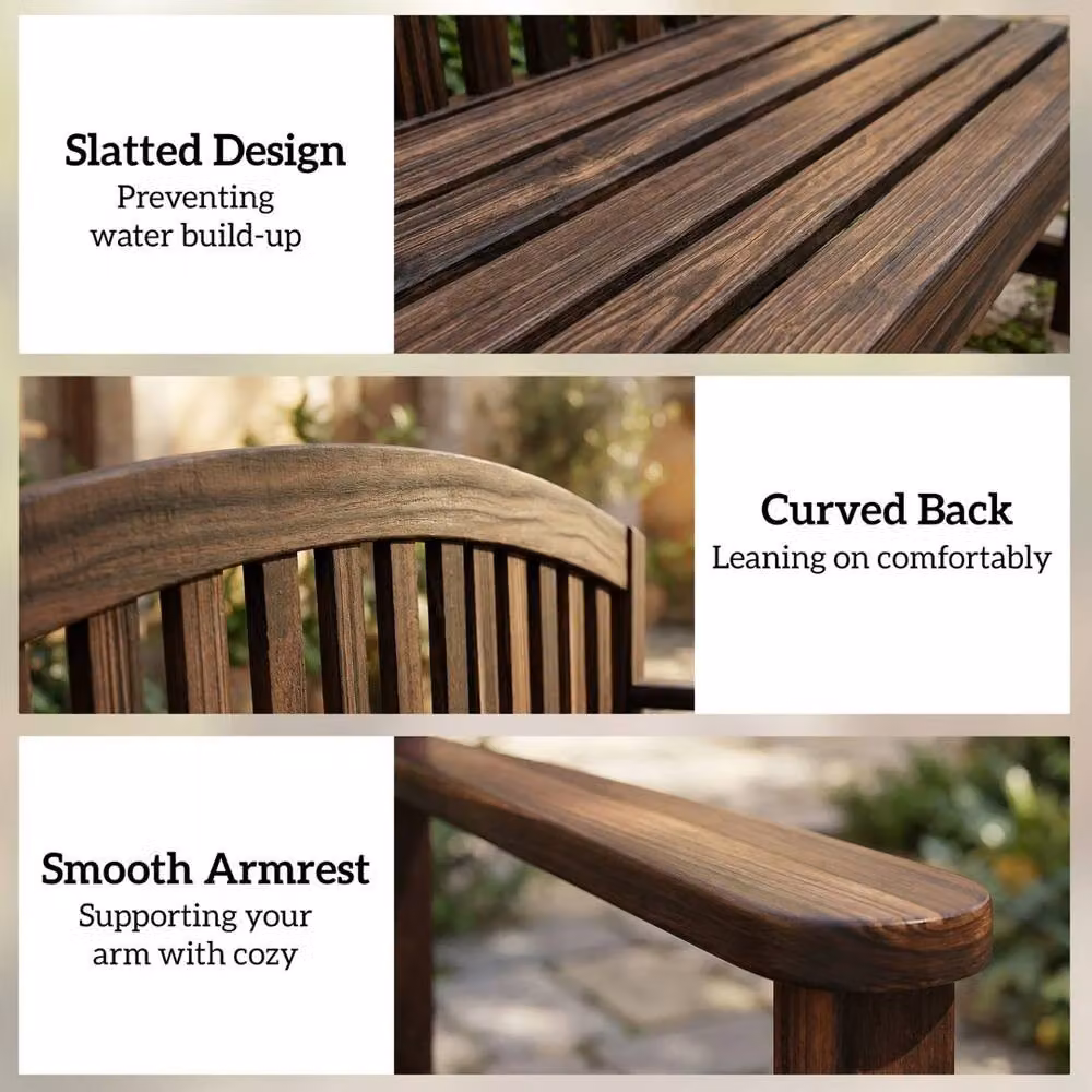 VOGREX 2 Person Wooden Garden Bench with Armrests in Brown – 4