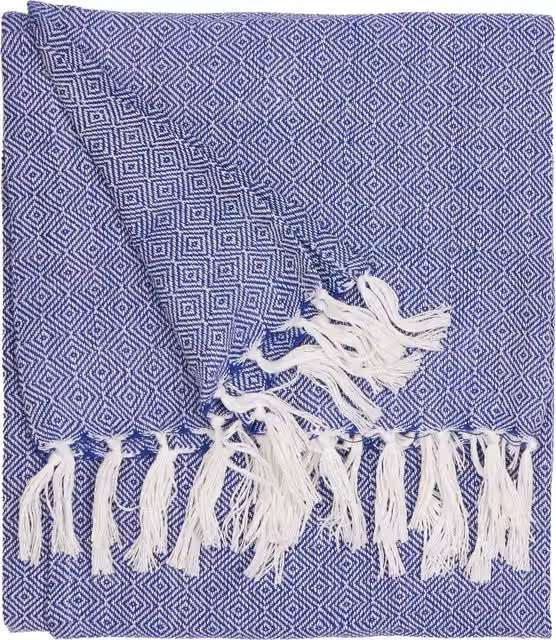 Furn Dessa Woven Geometric Outdoor Throw with Fringes, Blue, W: 130 cm, D: 180 cm