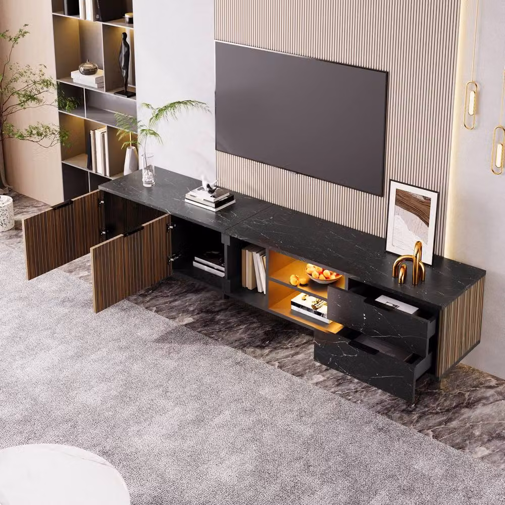 ModernLuxe TV Cabinet with LED Lighting, 2 Doors and 2 Drawers in Black and Multicolour, W: 200.0 cm, H: 38.55 cm, D: 50.0 cm – 3