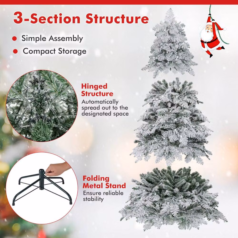 Gymax 6 FT Pre-Lit Artificial Snow Flocked Christmas Tree in White – 6