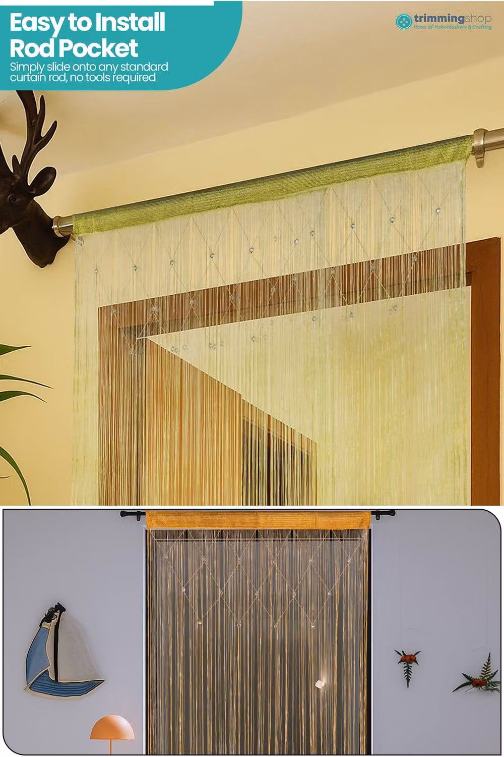 Neel Blue String Beaded Panel Curtain in Gold and Bright Green, Width: 100 cm, Height: 200 cm – 2