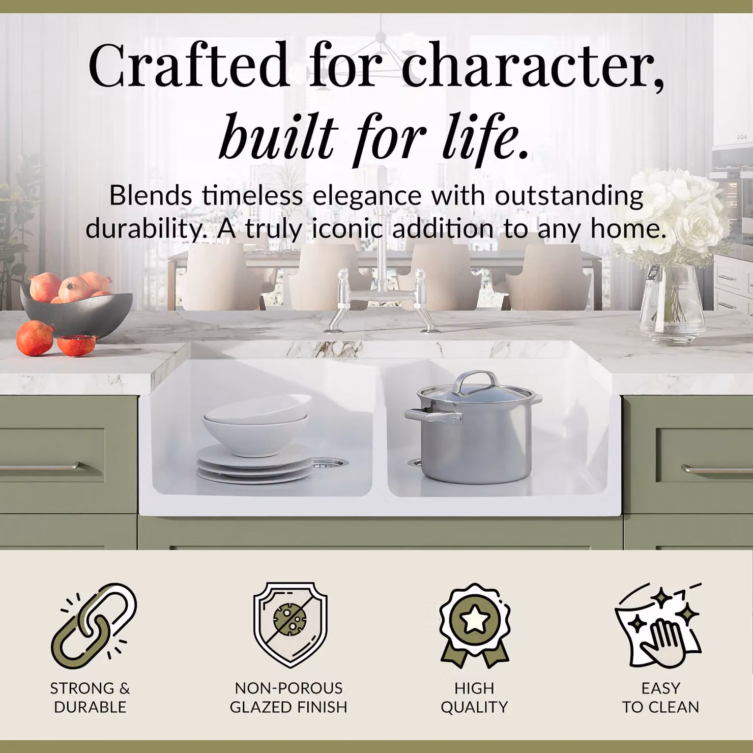 Balterley White Ceramic Fireclay 2 Bowl Butler Kitchen Sink with 2 Wastes and Chrome Tap, W: 895 mm – 2