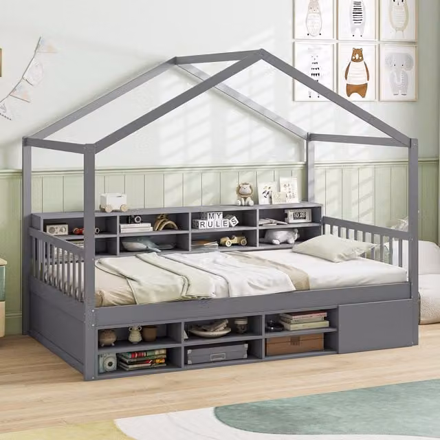 COSTWAY Single Size Grey House Bed for Children with Roof and Side Compartments, 90 x 190 cm