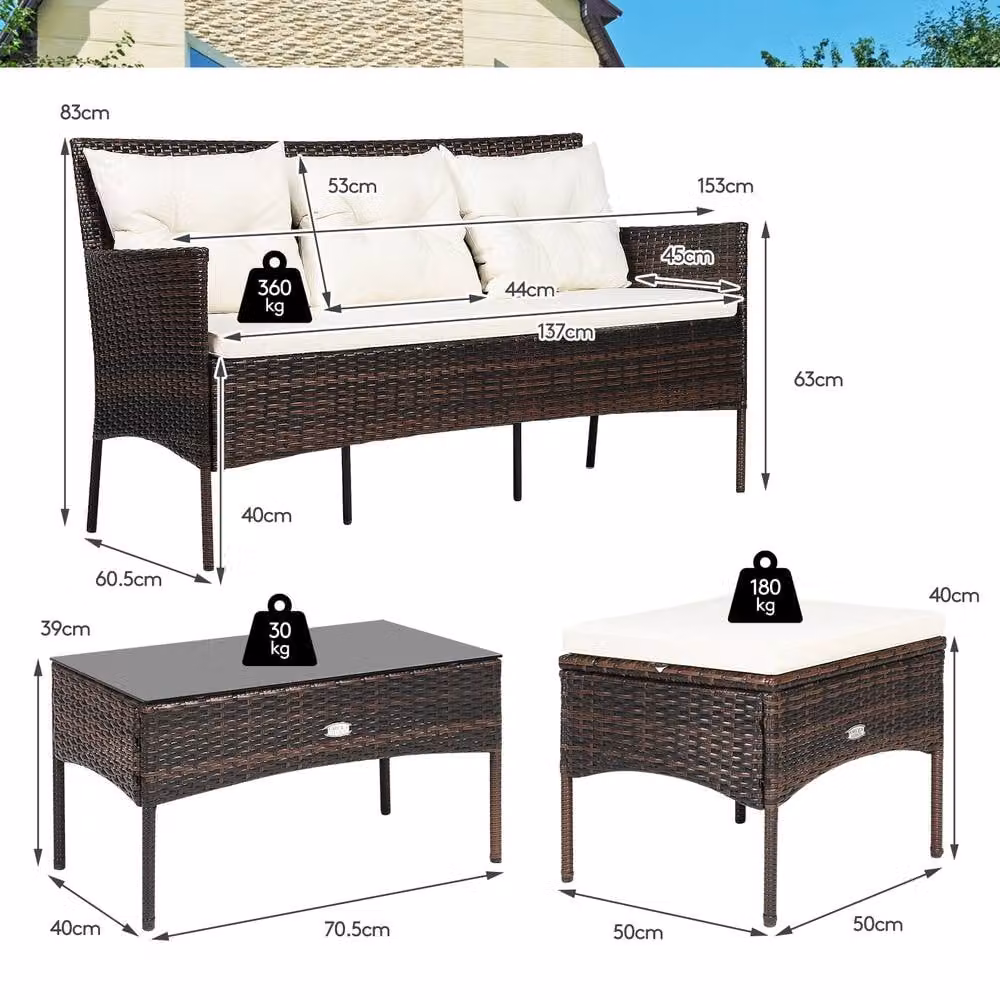 Costway 3-Piece White Polyrattan Patio Conversation Set with Upholstered Cushions, Outdoor 3-Seater Sofa, Coffee Table and Ottoman – 2