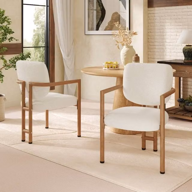 Rolipo Set of 2 Beige Boucle Dining Chairs with Natural Wood Effect Metal Frame