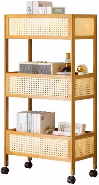 VOGREX 3 Tier Bamboo Rolling Kitchen Storage Trolley in Beige, W/D/H: 29 x 50 x 102 cm – 1