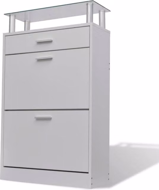 Berkfield Home Modern White Wood Shoe Cabinet with Drawer and Glass Top Shelf