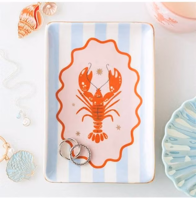 KDMD Pastel Lobster Ceramic Trinket Dish with Blue and Red Stripes