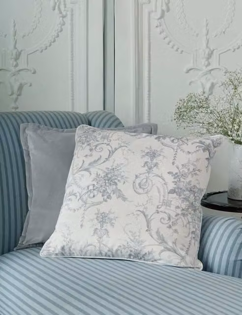 Laura Ashley Tuileries Square Velvet and Cotton Floral Cushion in Light Grey