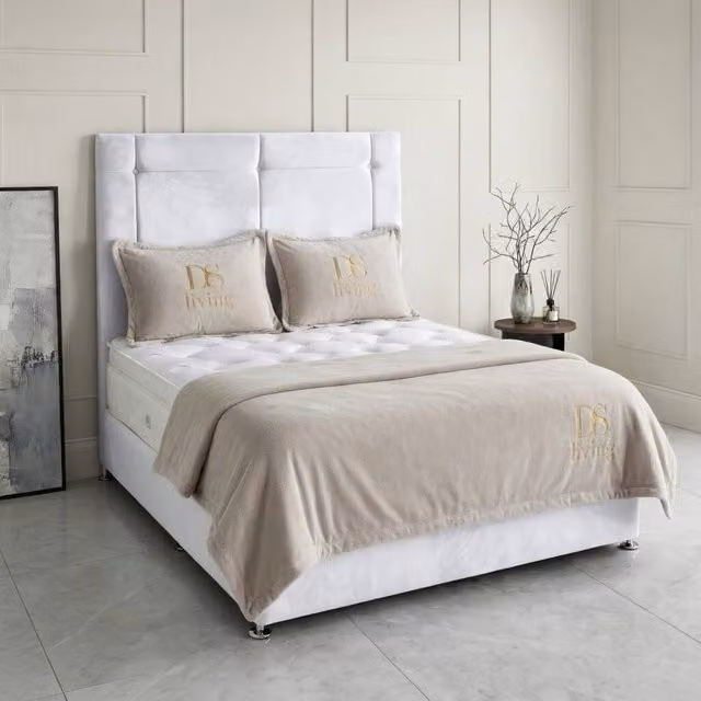 DS Living Kingsley White Velvet Upholstered Divan Bed, W/D/H: 200 x 200 cm