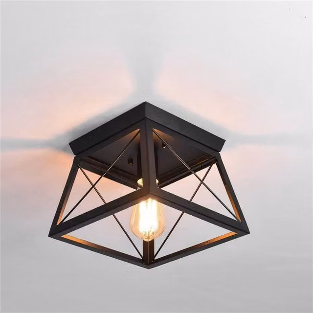 NIVOR Square Black Metal Cage Farmhouse Flush Mount Ceiling Light – 1