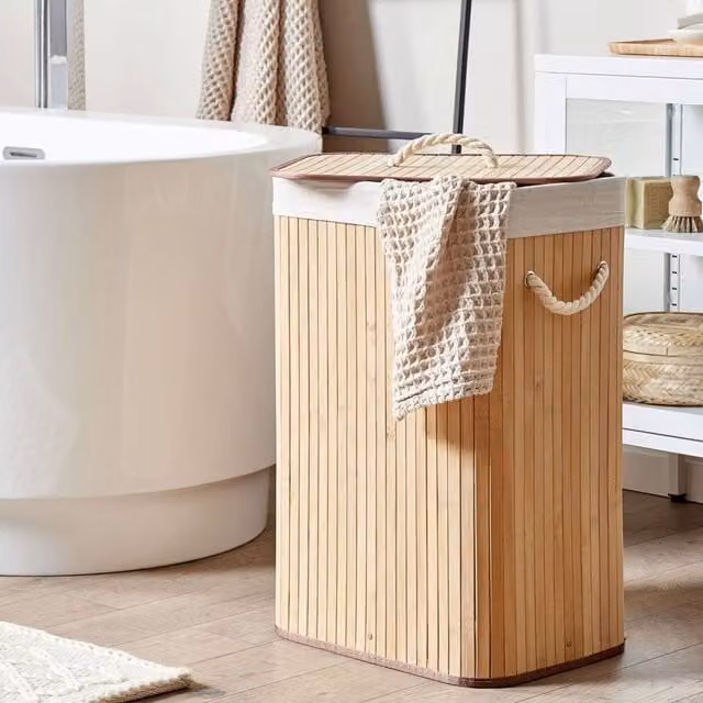 Wyld and Coco Light Brown Bamboo Laundry Bin with Lid, Removable Liner and Handles – 1