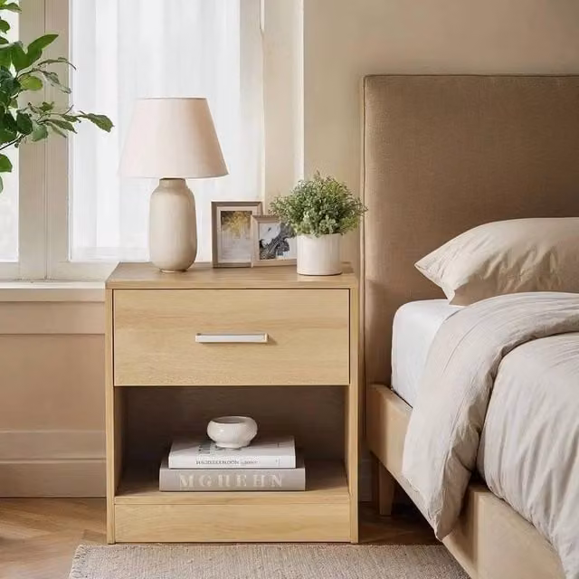 VOGREX Bedside Nightstand with Drawer and Open Compartment in Natural