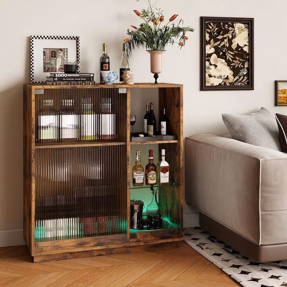 Costway Modern Brown Wine Bar Cabinet with Integrated LED Lights and Glass Doors – 5