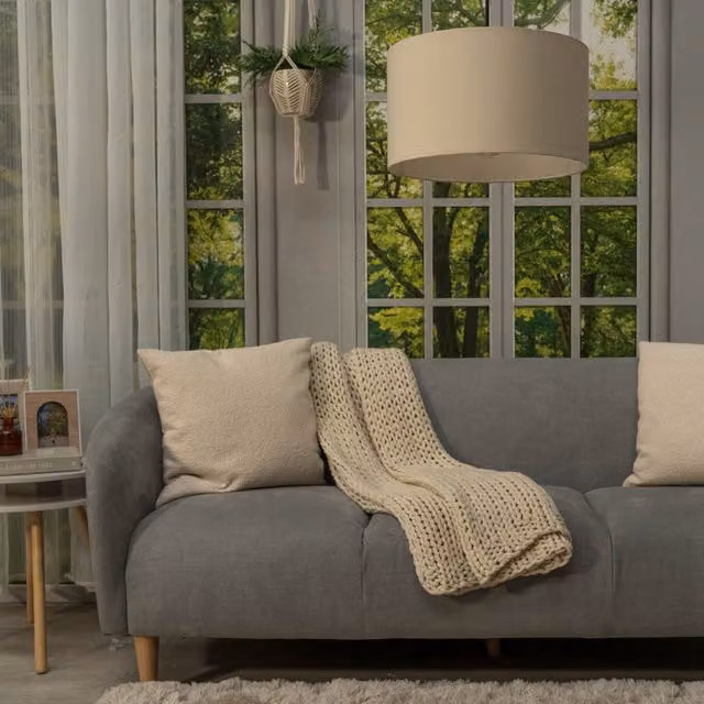 ValueLights Reni Medium Natural Pendant Shade in Beige and Yellow Wood and Fabric