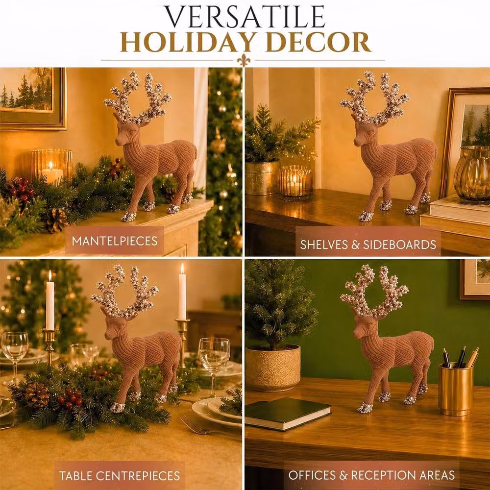 Shatchi Classic Brown Velvet Christmas Reindeer Figurine, Height: 20 cm – 4