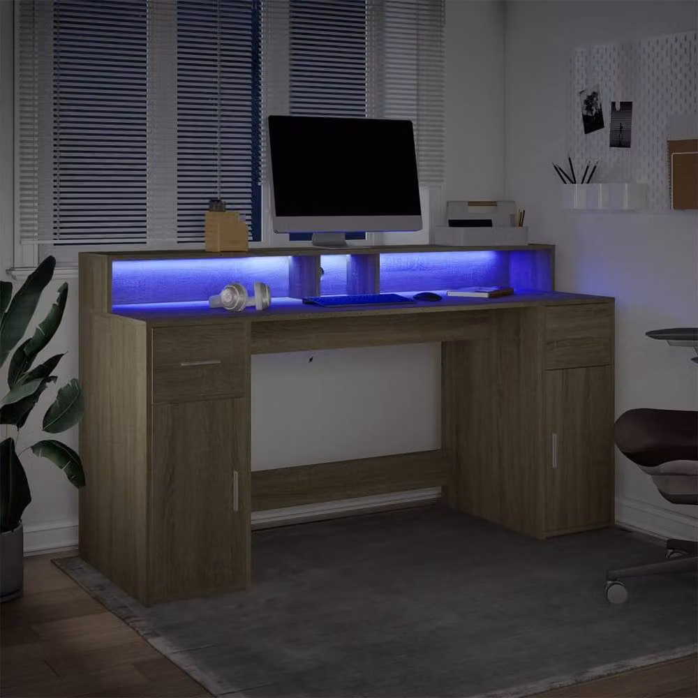 Berkfield Gaming Desk with LED Lights in Sonoma Oak Brown, W/D/H: 160 x 55 x 91 cm – 4