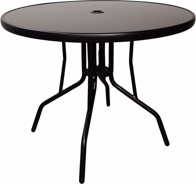 Samuel Alexander Modern Round 4 Person Patio Table with Glass Top and Parasol Hole in Black