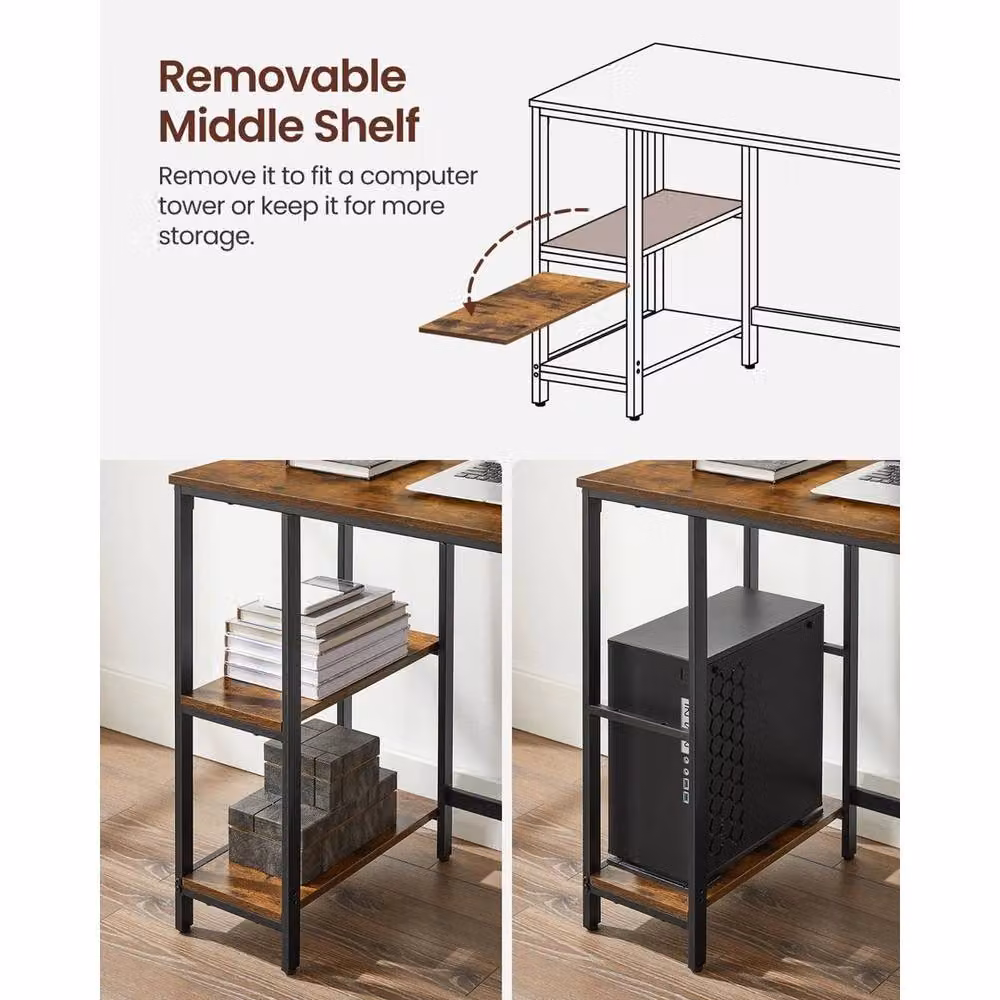 EONLION Brown Writing Desk with 2 Shelves, W: 100 cm, D: 60 cm, H: 76 cm – 3