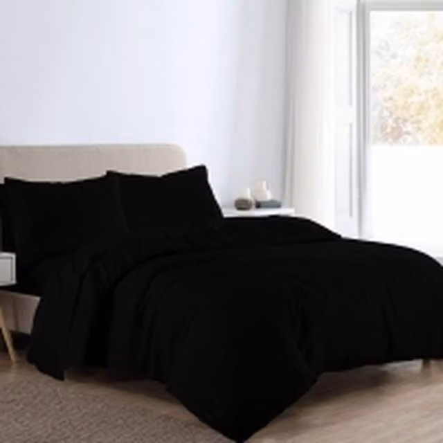 Homes-Linen Plain Reversible Flannelette Duvet Cover Set with Pillowcases, Black, W: 140 cm, L: 200 cm