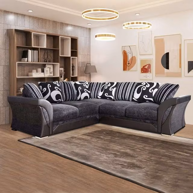 Sliding Wardrobes 4U Fabric 3+2 and L-Shape Corner Sofa Set in Black, Beige and Brown – 1