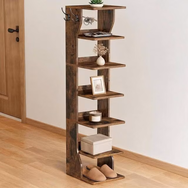 London Boutique Narrow Wooden Shoe Rack and Organiser with Hooks in Brown, W/D/H: 26.5 x 10.0 x 110.0 cm – 1