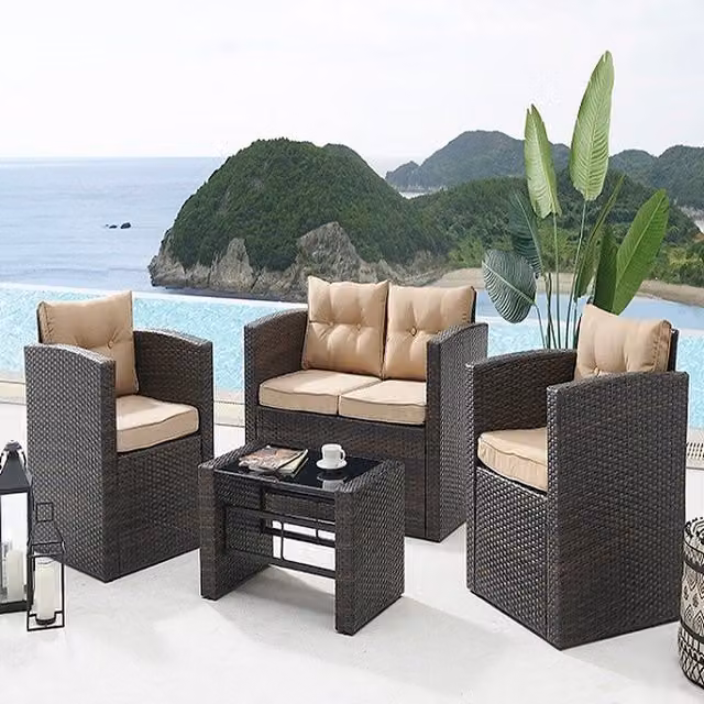 GRS Modern Rattan Lounge Set with Glass Top in Brown, Black and Beige