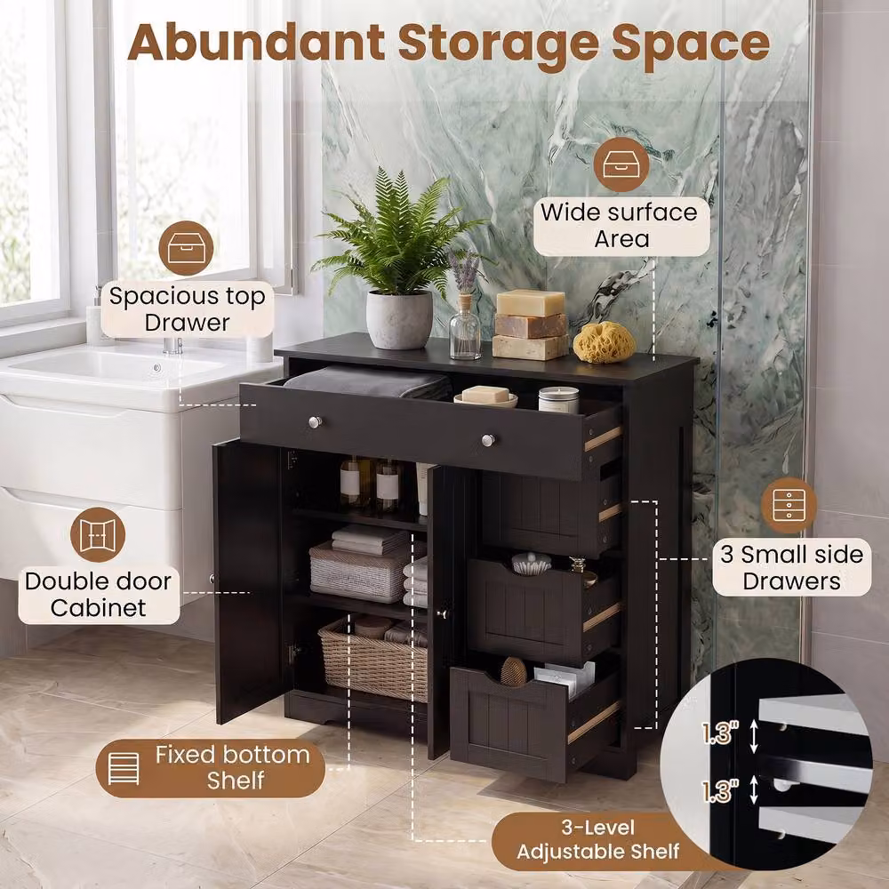 Costway Modern Black Bathroom Floor Cabinet with 4 Drawers and 2 Hinged Doors – 3