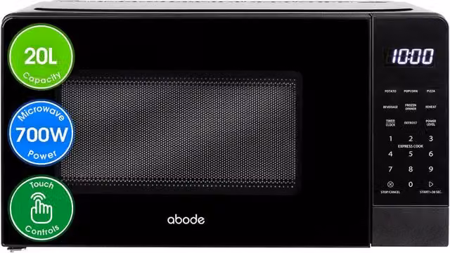 Abode AMT2012S/01 Touch Control Digital Solo Microwave, 20L, Black and Silver