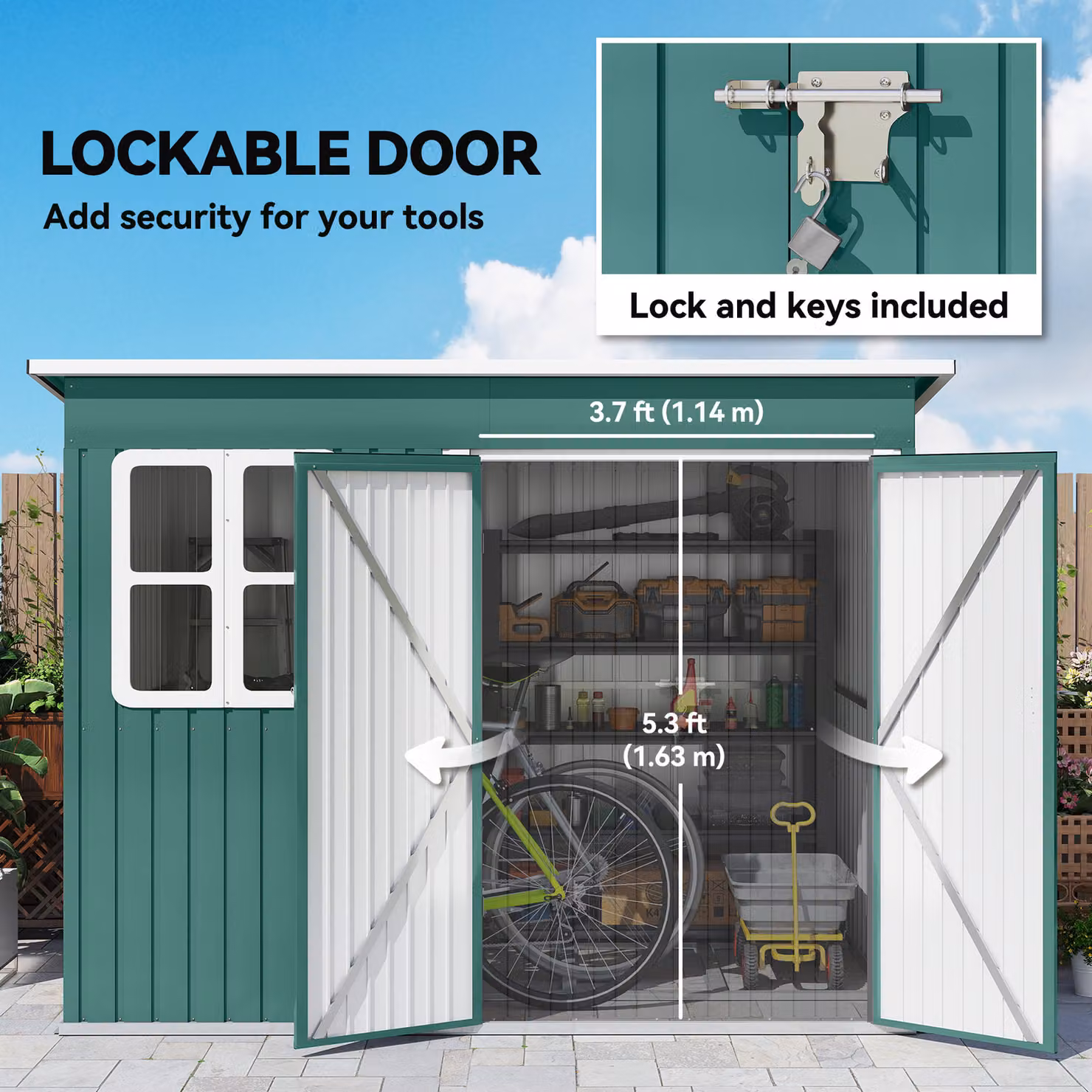 Outsunny Galvanised Steel Garden Storage Shed with Foundation Kit, Window and Lockable Double Doors, Green, W/D/H: 259 x 177 x 190 cm – 7