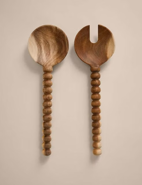 M&S Wooden Salad Serving Set in Natural Brown and Beige