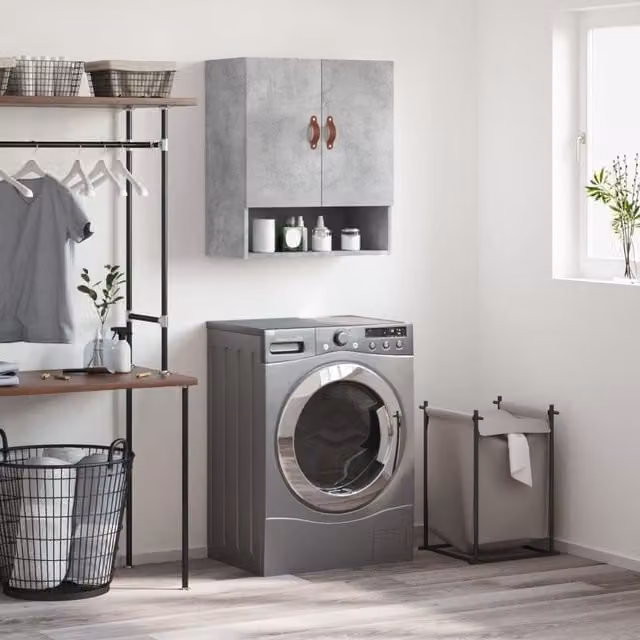 Berkfield Home Wall Mounted Cabinet in Grey MDF with Hinged Doors and Open Shelf, W/D/H: 60 x 31 x 70 cm – 1