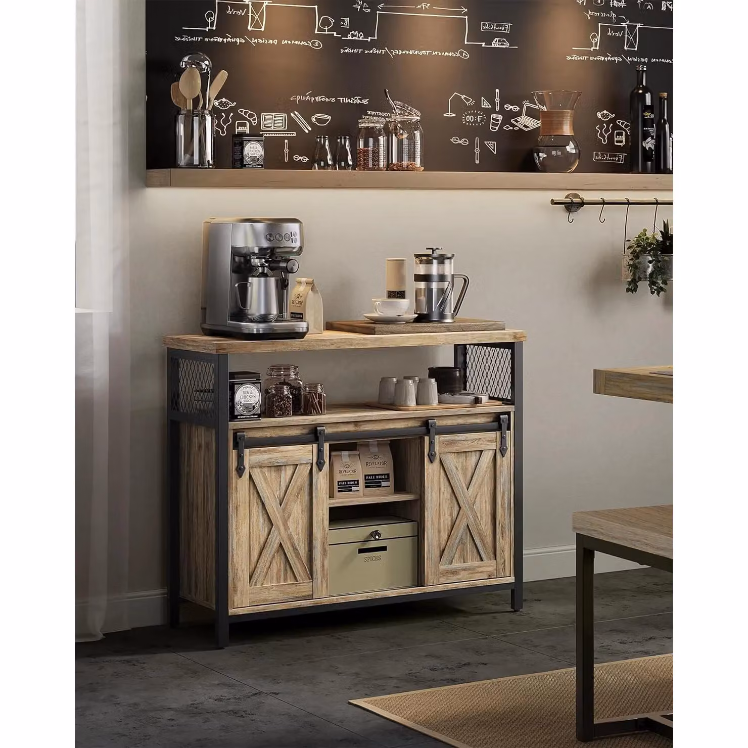 VASAGLE Industrial Sideboard Kitchen Cabinet with 2 Sliding Barn Doors and Adjustable Shelves in Light Tan – 2