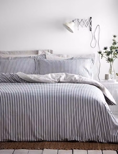 YARD Hebden Striped Reversible Cotton Duvet Cover Set, Blue, W: 180 cm, H: 200 cm