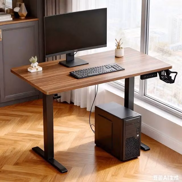 Kelvenix Electric Height Adjustable Standing Desk in Brown and Black with Wood and Metal Finish – 1