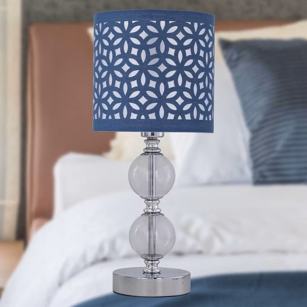First Choice Lighting Set of 2 Chrome Two Ball Table Lamps with Navy Blue Fabric Cut Out Shades – 5