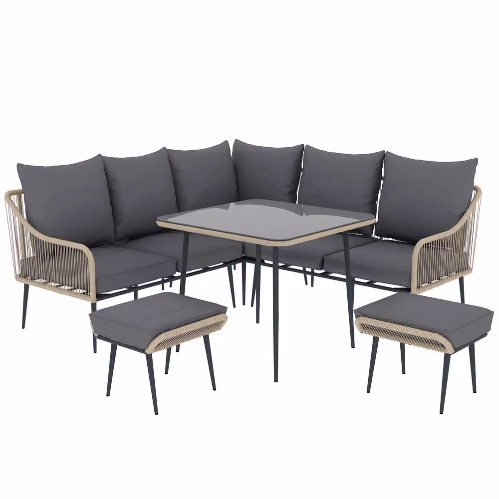 STILVORA 6-Seater Modern Sofa Set with Glass Top Table in Grey and Light Brown – 4